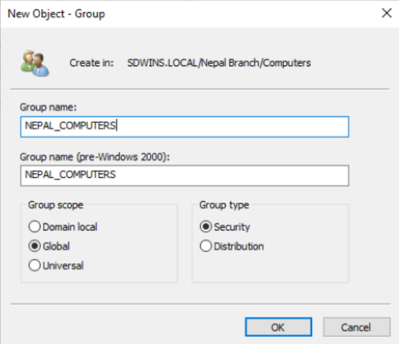 Creating 'NEPAL_COMPUTER' group inside Nepal Computer OU